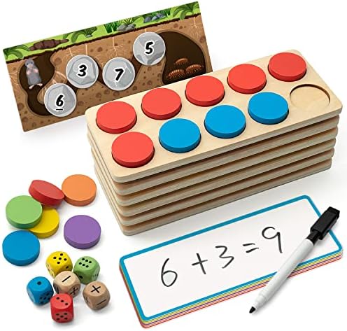 SYNARRY Wooden Ten-Frame Set Math Manipulatives for Kindergarten Elementary 1st 2nd Grade Homeschooling, Addition and Subtraction Montessori Math Games for Chirldren, Counters Toys for Kids Ages 3-8