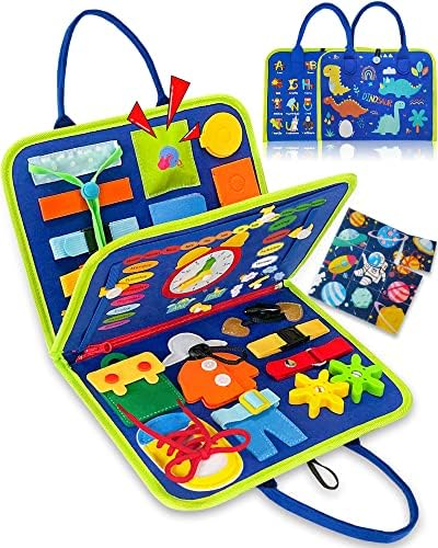 Exorany Busy Board Montessori Toys for 1 2 3 4 Year Old Boys & Girls Gifts, Sensory Toys for Toddlers 1-3, Autism Educational Travel Toys, Preschool Activities for Learning Fine Motor Skills (Blue)