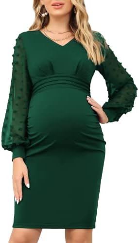 Maacie Maternity Bodycon Dress Mesh Sheer Sleeve V Neck Elegant Pencil Formal Dress for Baby Shower