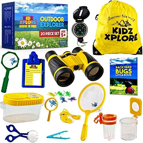 Kidz Xplore Outdoor Explorer Set – Bug Catching Kit Nature Exploration Children Outdoor Games Mini Binoculars Kids, Compass, Whistle, Magnifying Glass, Adventure, Hunting, Hiking Educational Toy