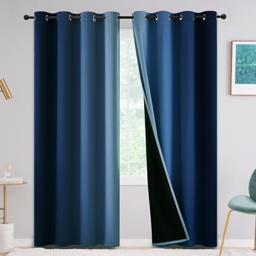 Yakamok 100% Blackout Curtains 84 inches Long,Room Darkening Blue and Greyish White Curtains Ombre for Bedroom Grommet Thermal Insulated Gradient Curtains for Living Room,2 Panels,52×84 inch