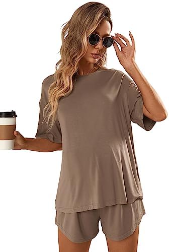 OYOANGLE Women’s Maternity 2 Pieces Pajamas Outfits Loose Short Sleeve T-shirt Top and Shorts Loungewear