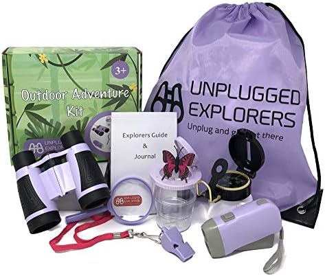 Unplugged Explorers 9 Piece Kids Outdoor Explorer Kit- Backpack, Binoculars, Flashlight, Compass, Bug Collector, Whistle, Magnifying Glass, and Journal. Boy/Girl STEM (Purple)