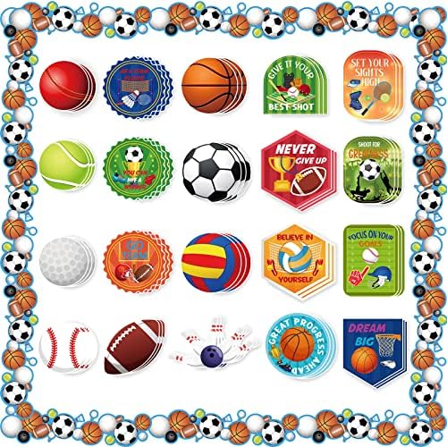 Karenhi 108 Pcs Sports Motivational Bulletin Board Set 72 Pcs Sports Cutouts 36 Pcs Sport Bulletin Board Border with 400 Glue Point for Classroom Decoration School Office Party Wall Whiteboard Decor