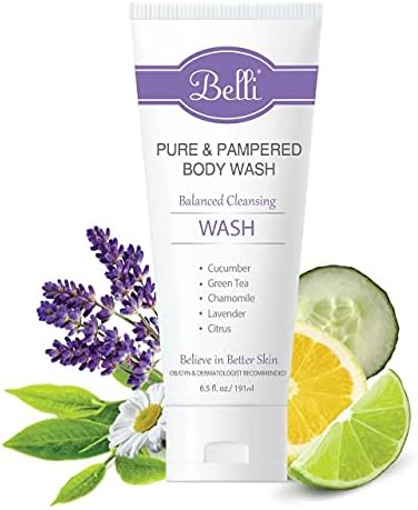 Belli Skincare Pure and Pampered Body Wash, Moisturizing Skin Cleanser, Contains Cucumber Green Tea Extracts, For All Skin Types, Dermatologist recommended, 6.5 Oz