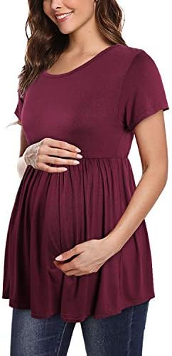 PrettyLife Womens Flattering Maternity Tops Comfy Short Sleeve Pleated Pregnancy Shirt