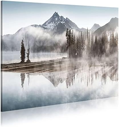 Mountain Forest Wall Art Canvas – Nature Landscape Shadow Lake Picture Modern Snowy Misty Mountains Painting with Pine Trees Artwork for Bedroom Bathroom