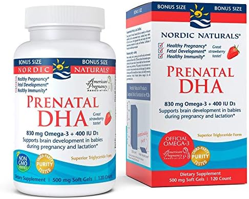 Nordic Naturals Prenatal DHA, Strawberry – 120 Soft Gels – 830 mg Omega-3 + 400 IU Vitamin D3 – Supports Brain Development in Babies During Pregnancy & Lactation – Non-GMO – 60 Servings