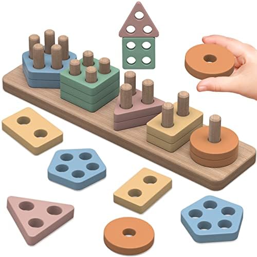 pigipigi Montessori Toys for 1 2 3 4 Years Old: Wooden Sorting Stacking Toddler Toy Baby Boy Girl Color Shape Block Stacker Kids Preschool Educational Learning Activity Game Birthday Gift