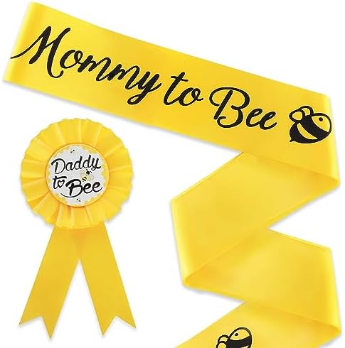 Baby Shower Decorations, 2 Packs Yellow Mom to Bee Sash and Dad to Bee Badge Bee Gender Reveal Decorations Baby Shower Party Favors Decorations for Boys and Girls Pregnancy Props Keepsake Gifts