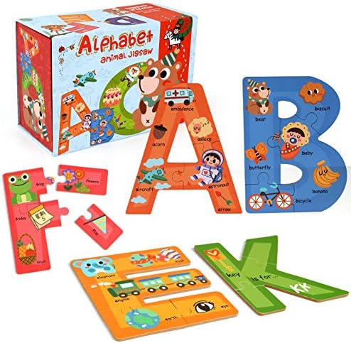 SYNARRY Wooden Alphabet Puzzles for Kids Ages 3-5, ABC Learning for Toddlers Ages 3+, Sight Words Letter Puzzles Montessori Toys Educational STEM for Preschool Boys Girls Kids Gifts