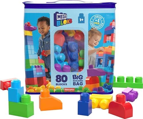 MEGA BLOKS Fisher-Price Toddler Block Toys, Big Building Bag with 80 Pieces and Storage Bag, Blue, Gift Ideas for Kids Age 1+ Years