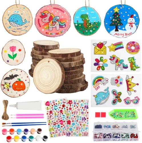 Arts and Crafts for Kids Ages 4-8 8-12, 20 Pcs Unfinished Wood Slices with Gem Diamond Art Stickers Kits Kids Wood Painting Craft Activities Kit Creative Art Toys Party Favors for Kids Boys Girls