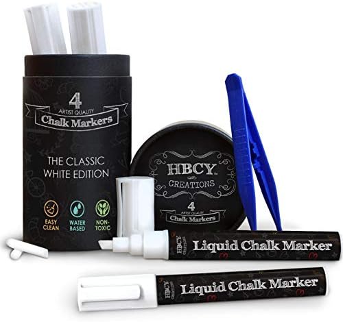 HBCY Creations Liquid Chalk Markers Set – 4 White Non-Toxic Erasable Chalkboard Markers – For Chalk Boards, Glass, Labels & Car Windows! 2 Extra Chisel & Bullet Tips, Tweezers & Chalk Pen Holder!