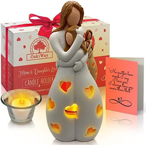 Gifts for Mom from Daughter, Mothers Day Present – Candleholder Statue W/Flickering LED – Birthday Gift for Daughters, Christmas Moms Unique Gift Ideas, Greeting Card, Seasonal Décor (Light Brown)