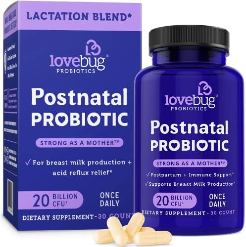 Lovebug Postnatal | Clinically Studied Ingredients for Breast Milk Production & Acid Reflux | Mental & Emotional Support | Glucose Support | Multi Strain 20 Billion CFU | 30 Capsules