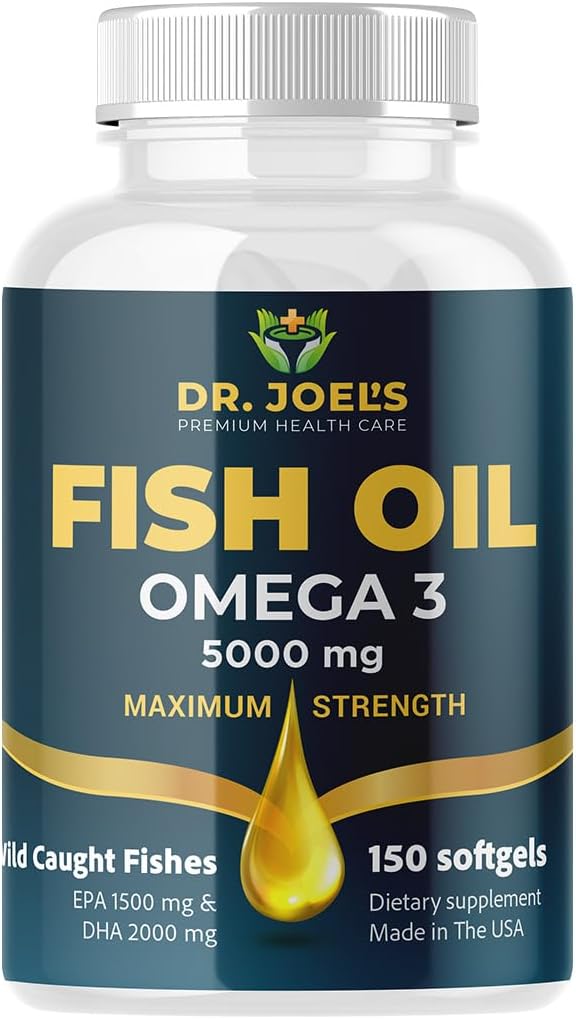 Dr JOEL’s Fish Oil Omega 3 5000mg – No Fishy Burp – High DHA 2000mg, EPA 1500mg – 150 Softgels – Non GMO – Made in The USA