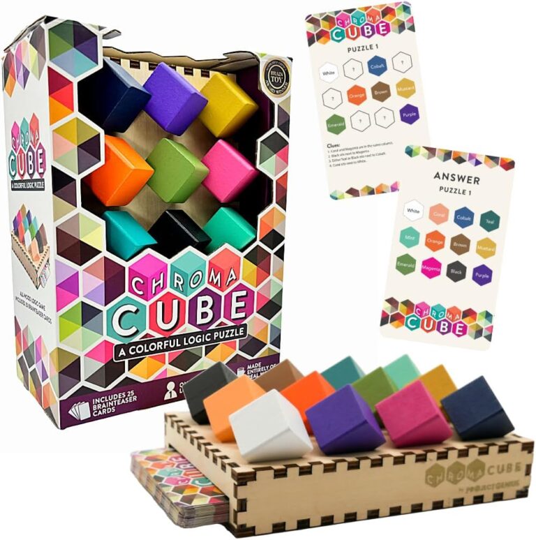 Project Genius: Chroma Cube, A Colorful Logic Puzzle, 12 Colorful Wood Blocks, 25 Brainteaser Cards, Puzzle, Great Gift, 1 Player Game Logic