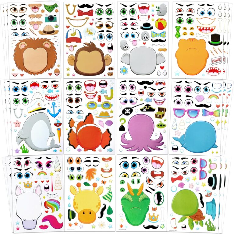 JOYIN 36 PCS 9”x6″ Make-a-face Sticker Sheets Make Your Own Animal Mix and Match Sticker Sheets with Safaris, Sea and Fantasy Animals Kids Party Favor Supplies Craft