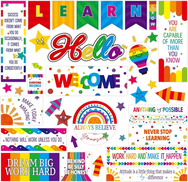 40PCS Bulletin Board Decor, Colorful Inspirational Wall Decorative Sign Positive Word Cards Rainbow Style Waterproof Thick Cardstock Accent Set for Middle High School Classroom Home Teachers Students