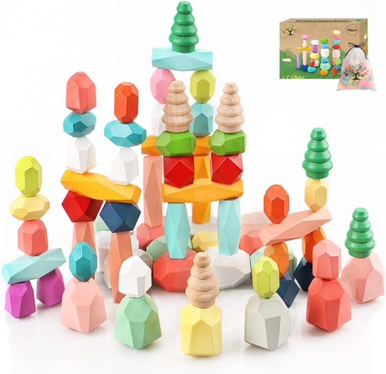 48PCS Wooden Stacking Building Blocks Montessori Toys for 1 2 3 4 5 6 Year Old Girls Boys Preschool Educational Sensory Toys for Toddlers 1-3 STEM Learning Toys Ages 2-4 Kids Games Gift