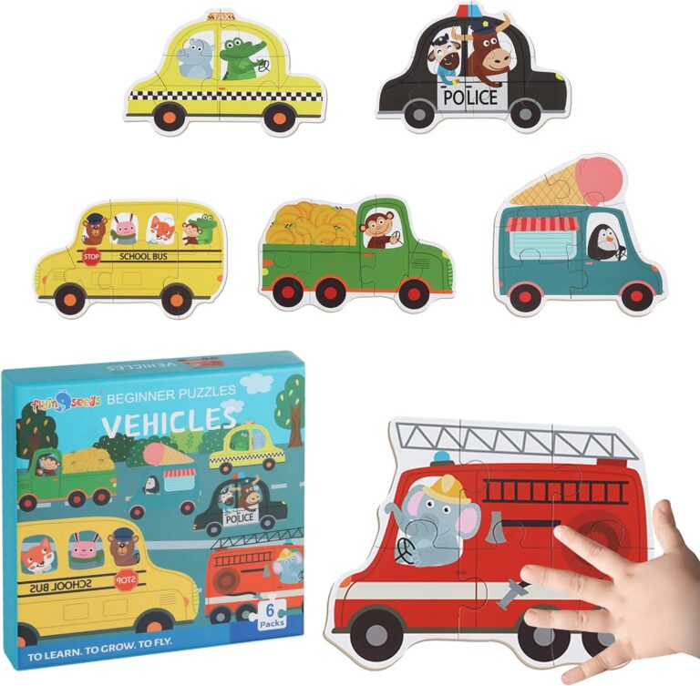 FLYINGSEEDS 6 Packs Vehicles Shaped Wooden Jigsaw Puzzles for Toddlers 1-3, Easy Puzzles with Pattern Blocks, Montessori Learning Toys Preschool Educational Game Class Teaching Best Gifts for Kids 2-4