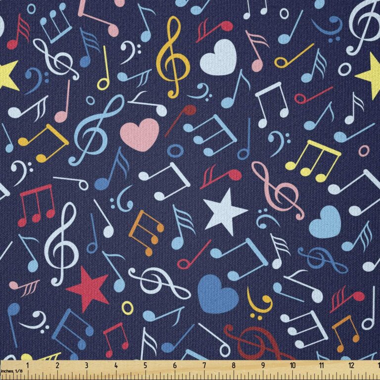 Ambesonne Music Fabric by The Yard, Hearts Notes Stars Melodic Inspiration Musical Lifestyle Rhythm in My Heart Design, Stretch Knit Fabric for Clothing Sewing and Arts Crafts, 2 Yards, Indigo Red