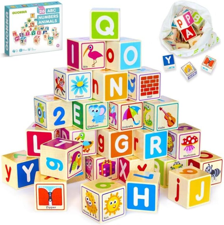 QUOKKA Wooden Blocks for Toddlers 1-3 – 26 ABC Learning Baby Blocks for Kids 3-5 Year Olds Stacking Alphabet Wood Toys for 2-4 yo – Educational with Letters Numbers