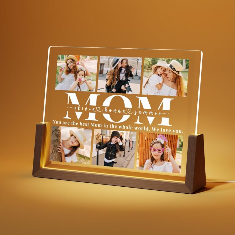 Personalized Mothers Day Gifts for Mom from Daughter Son Kids, Custom Walnut Picture Frame with LED for Mom’s Birthday, Customized Mother’s day Gifts for Wife from Husband, Best Mom Gifts