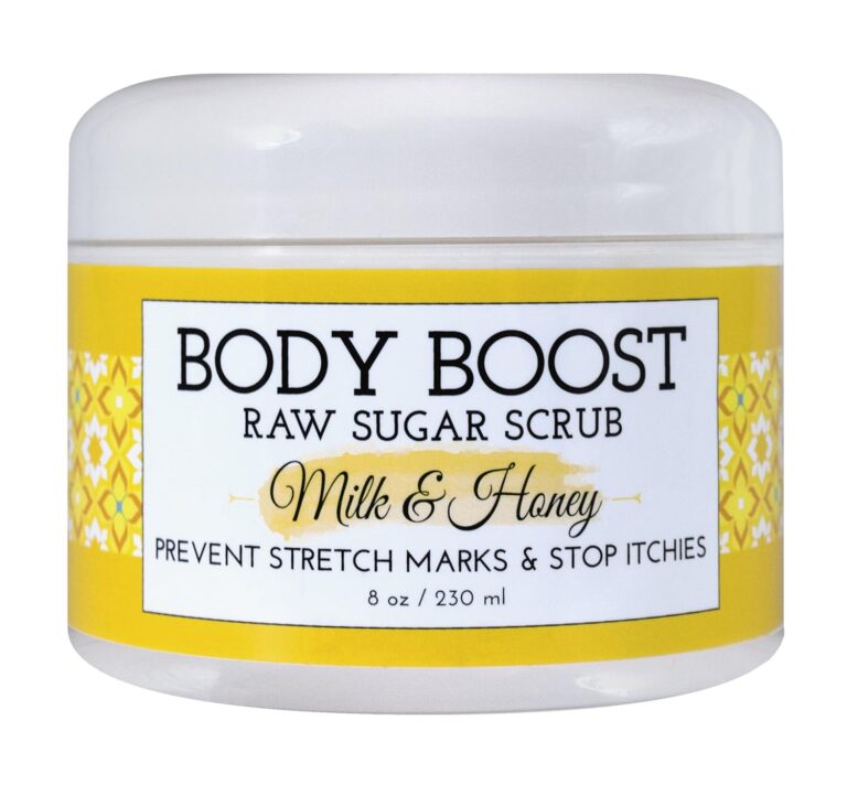 Body Boost Milk & Honey Sugar Scrub 8 oz- Treat Dry Skin Stretch Marks and Scars- Pregnancy and Nursing Safe- Allergen Free