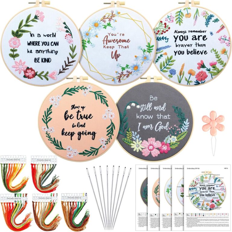 5 Sets Inspired Quote Embroidery Kit for Beginner Adult Motivational Embroidery Starter Kit Floral Cross Stamped Needlepoint Kit Embroidery Hoops Thread Needles for Adults Kids Craft Lover