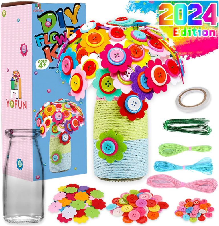 YOFUN Flower Craft Kit for Kids – Make Your Own Flower Bouquet with Buttons and Felt Flowers, Vase Art Toy & Craft Project for Children, DIY Activity Gift for Boys & Girls Age 4 5 6 7 8 9 Year Old