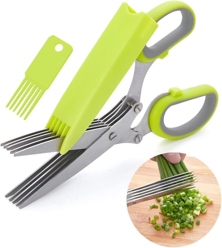 LHS Herb Scissors with 5 Blades and Safe Cover Kitchen Gadgets Cutter, Salad Scissors, Sharp Dishwasher Safe Kitchen Gadget, Culinary Cutter – Green