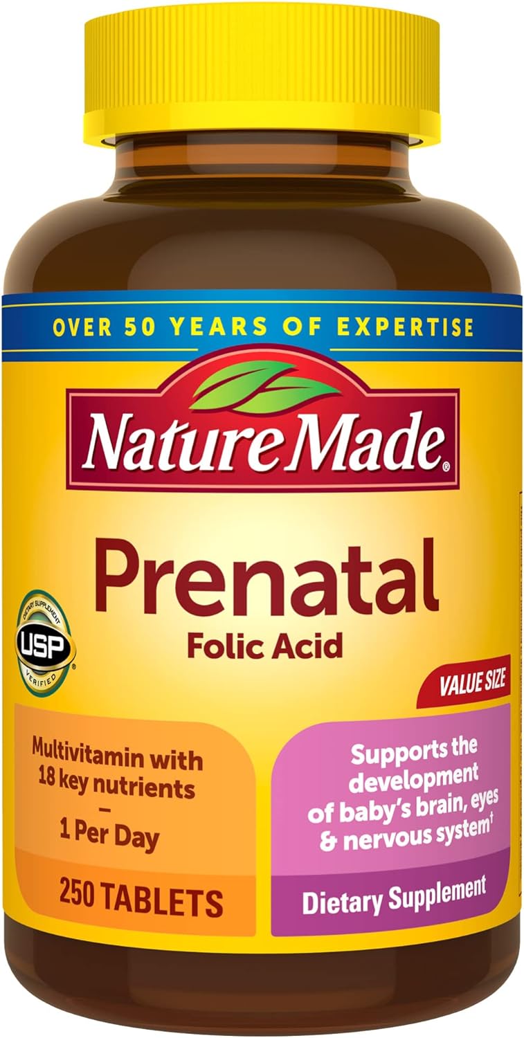 Nature Made Prenatal Multivitamin with Folic Acid, Prenatal Vitamin and Mineral Supplement for Daily Nutritional Support, 250 Tablets, 250 Day Supply