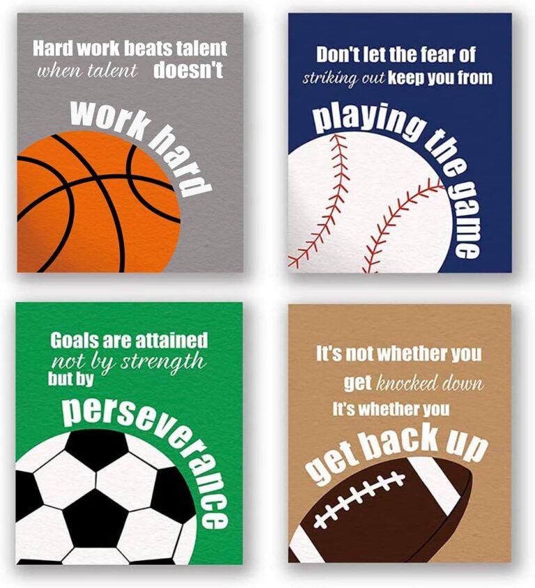 4 Set- Colorful Sport Inspirational Quote Art Print, Basketball Football Baseball Soccer Sport Themed Canvas Wall Art Printing For Boys Bedroom Decoration (Unframed,8″X10″)