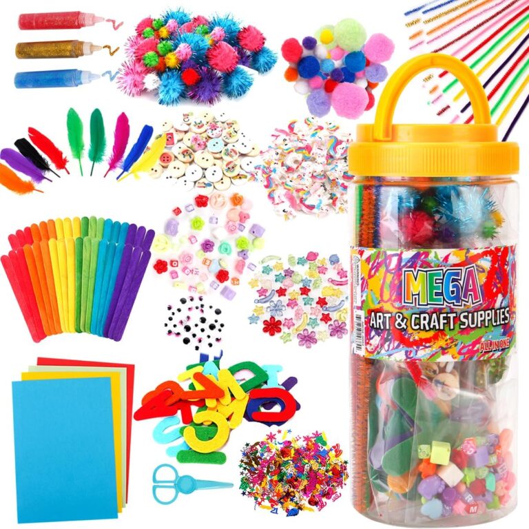 BB Bachmore Mega Kids Art Supplies Jar – Over 700 Pieces of Colorful and Creative Arts and Crafts Materials – Glue, Safety Scissors, Pompoms, Popsicle Sticks, Pipe Cleaners and Loads More