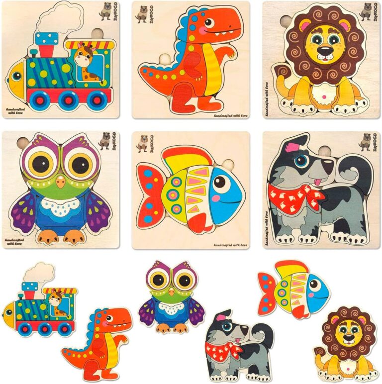 QUOKKA Wooden Puzzles for Toddlers 1-3 – 6XSET Toddler Puzzles Ages 2-4 – Wood Learning Montessori Toys 3-5 Year Old – Preschool Animal Travel Game Gift for Boys & Girls