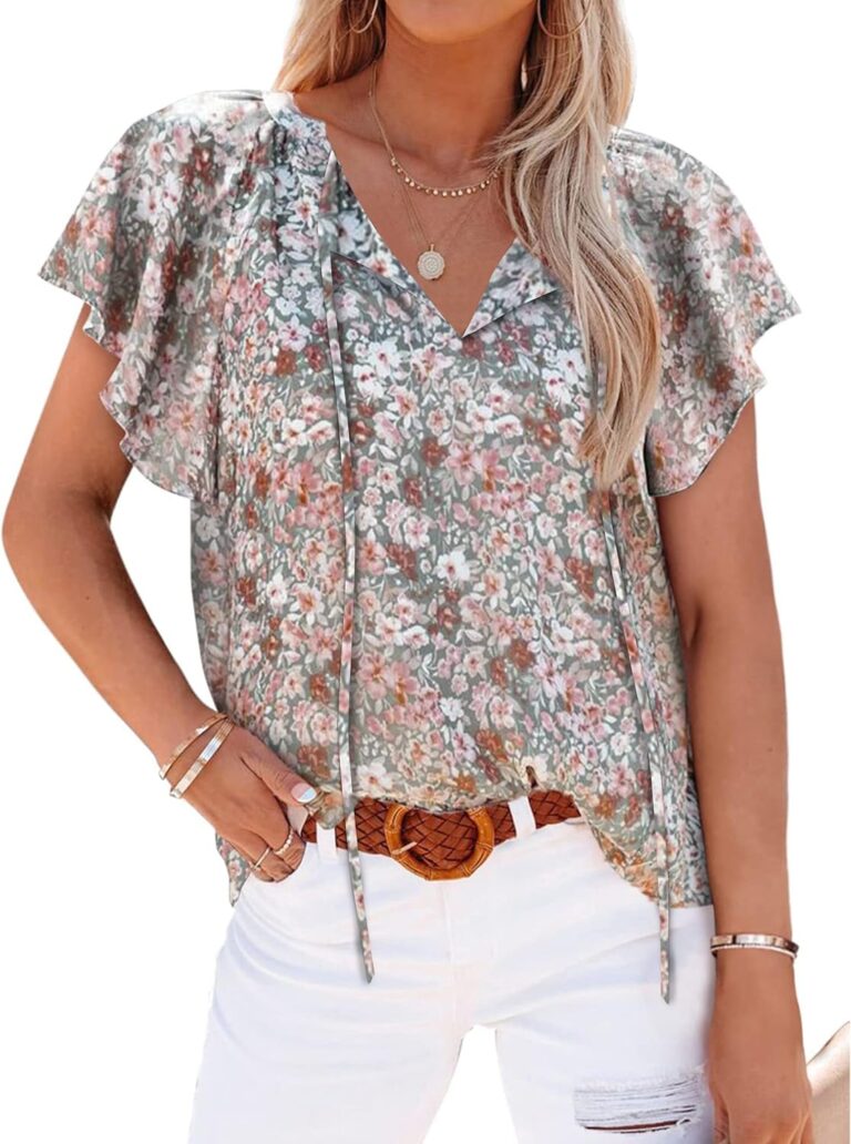 Mansy Women’s Casual Floral Print V Neck Ruffle Short Sleeve Summer Shirts Tops Loose Blouses