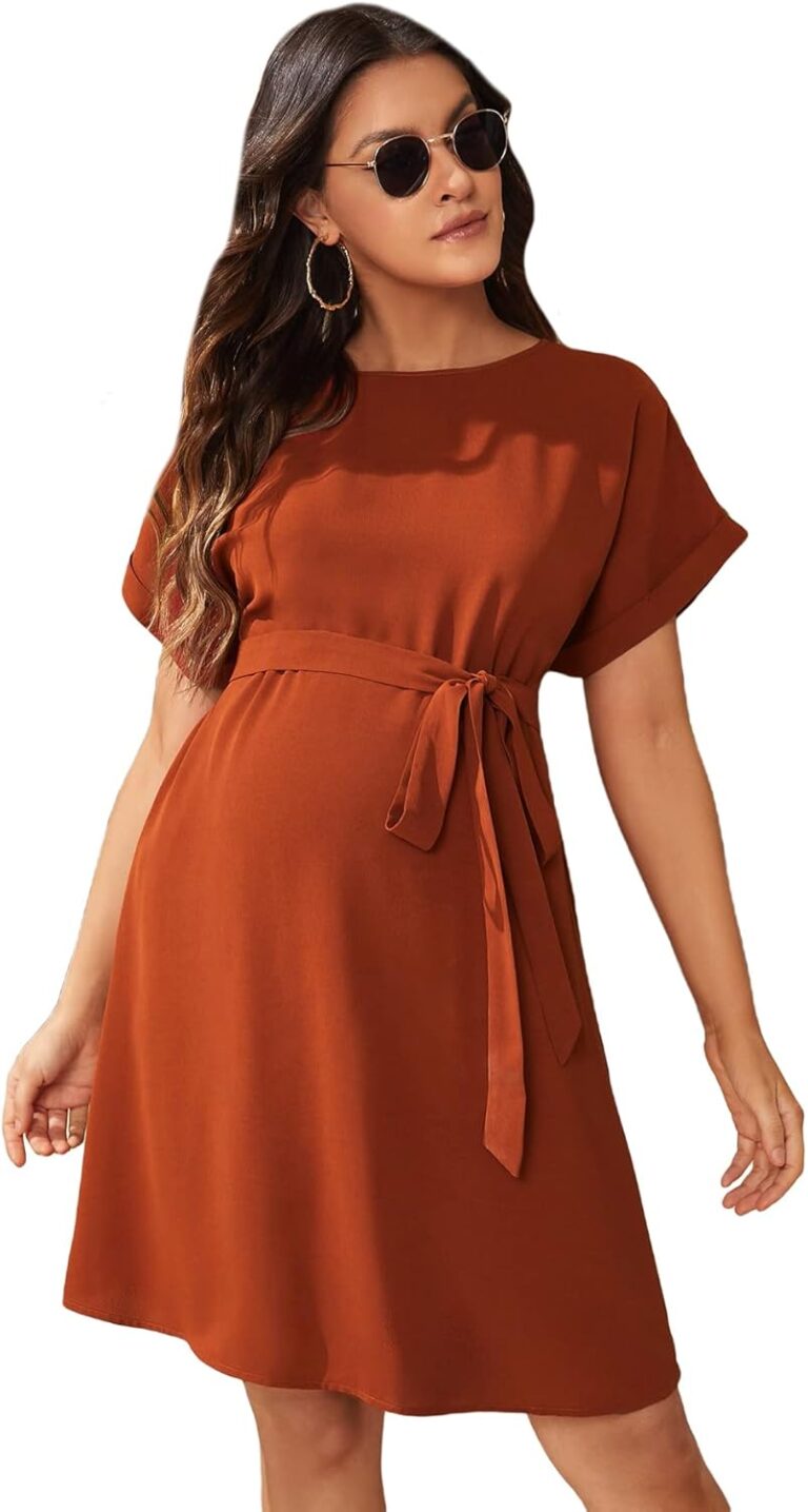 Verdusa Women’s Maternity Batwing Sleeve Round Neck Short Tunic Dress with Belt