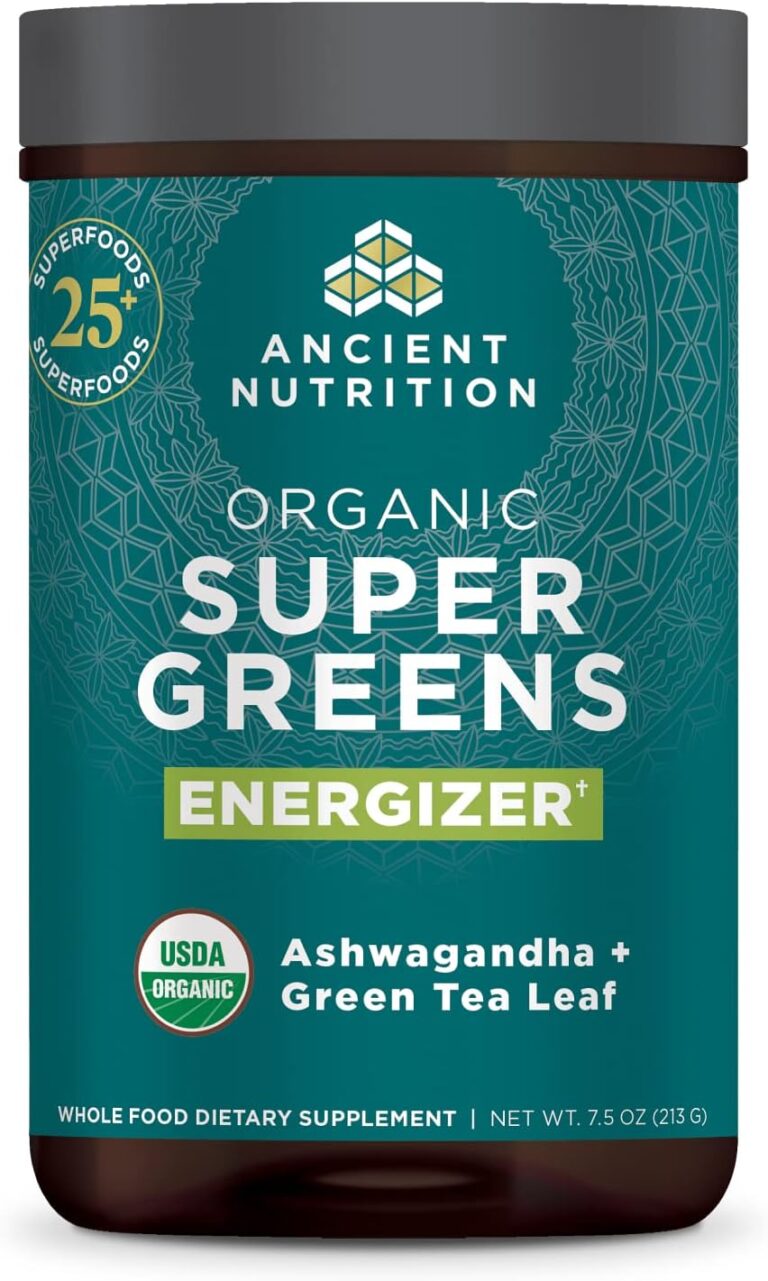 Ancient Nutrition Supergreens Energizer Powder, Organic Superfood Powder with Caffeine, Made from Real Fruits, Vegetables and Herbs, for Digestive and Energy Support, 25 Servings, 7.5oz