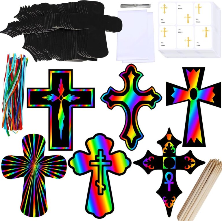 Winlyn 72 Sets 6 Styles Magic Color Scratch Cross Ornaments Craft Kits Rainbow Scratch Art Sets Scratch Paper Crosses with Scratching Tools for Kids Classroom VBS Sunday School Religious Activities