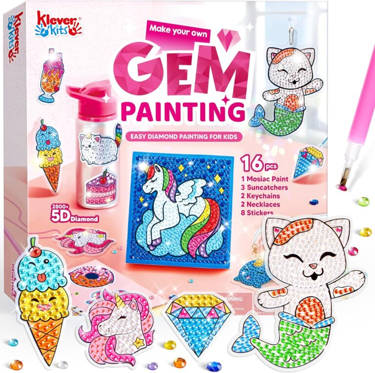 Klever Kits 16 Projects Gem Art, Kids Diamond Gem Painting Kit with 5D Gem, Arts and Crafts for Girls Ages 6-12, Gem Craft Activities Kits, Premium Art Gift Ideas for Girls Crafts Ages 6, 7, 8+