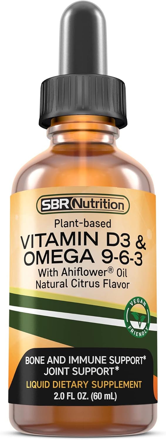 SBR Nutrition Plant-Based Vitamin D3 and Omega 3-6-9 Liquid Dietary Supplement with Ahiflower Oil, Bone, Immune, Inflammation Support, Natural Orange Citrus Flavor, 2oz (60mL), 30 Servings