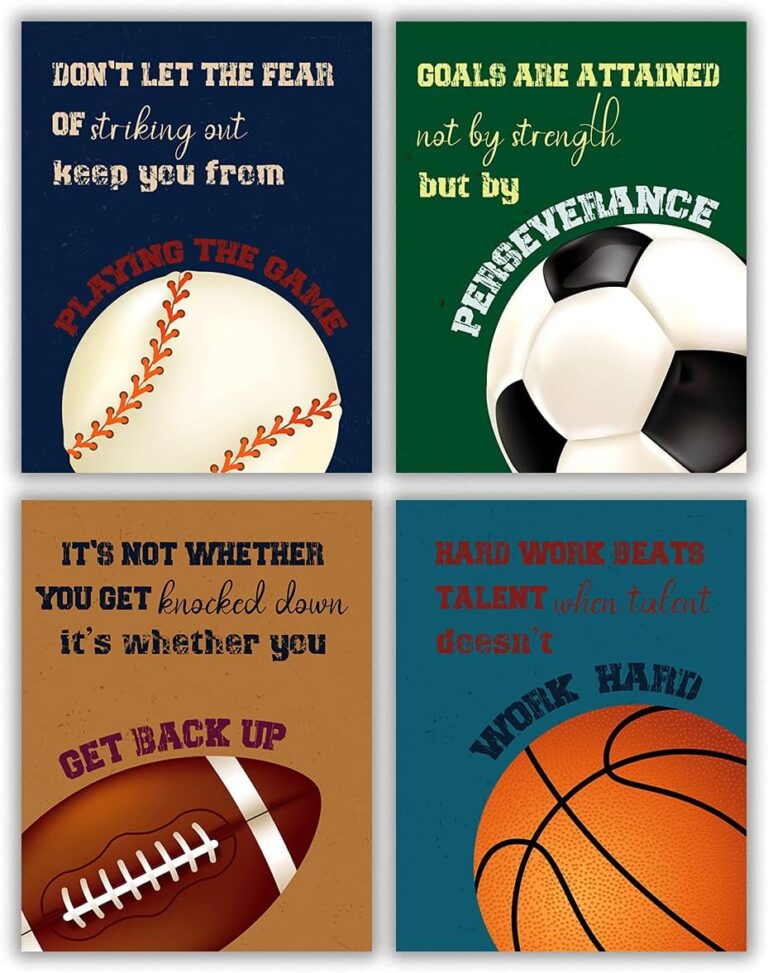 Inspirational Quote Sports Poster, Sports Motivation Proverb Art Prints, Basketball Football Baseball Soccer Wall Art Printing for Boys Bedroom Playroom Classroom Decor(Set of 4 Unframed, 8X10)