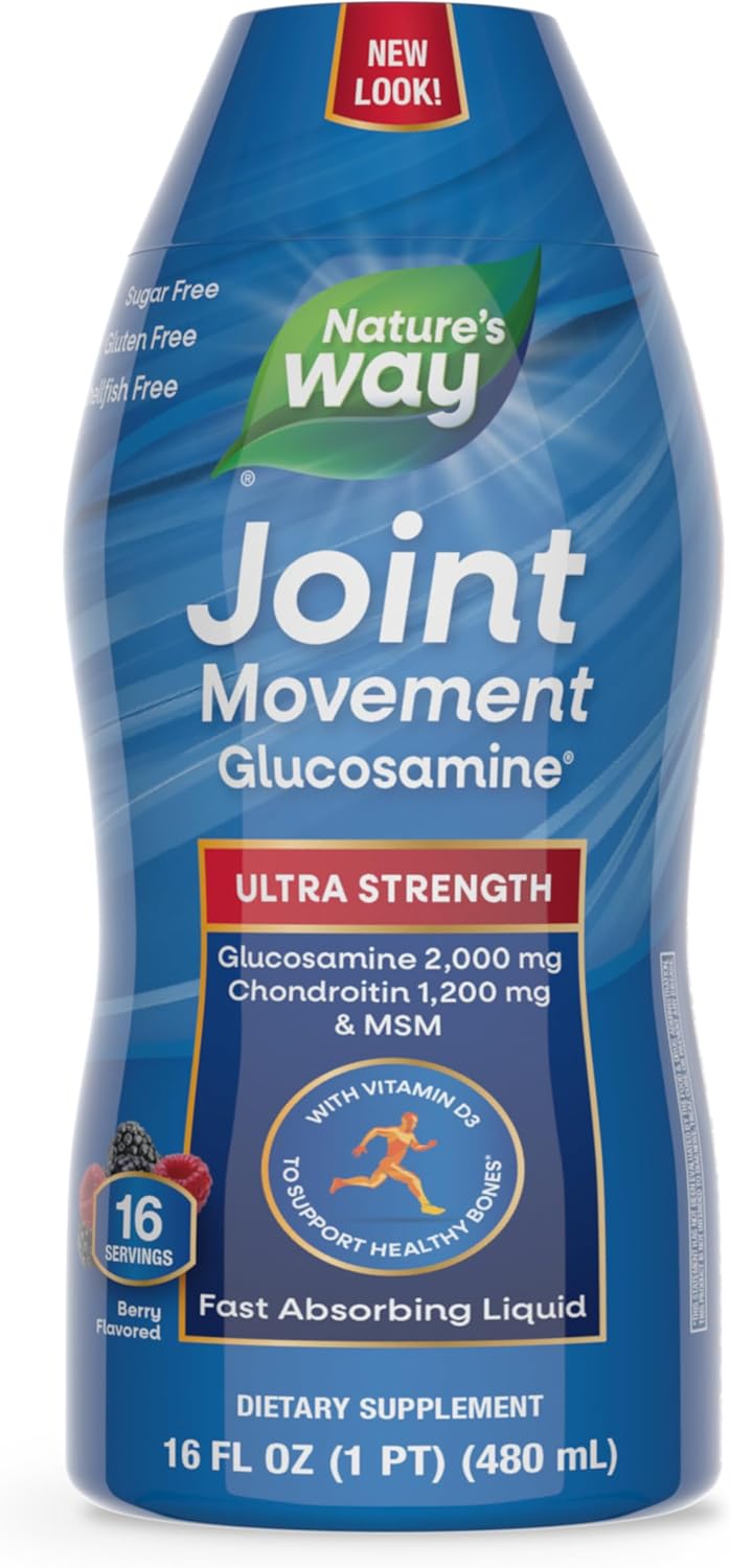 Nature’s Way Joint Movement Glucosamine Fast Absorbing Liquid, Ultra Strength, Supports Healthy Bones*, Chondroitin, and MSM with Vitamin D3, Berry Flavored, 16 Fl Oz (Packaging May Vary)