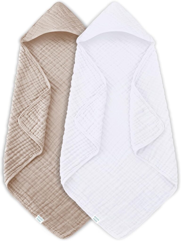 MOON PARK 2 Pack Muslin Hooded Baby Bath Towels for Newborns, Infants, Toddlers – 100% Cotton – Large 32x32Inch Size – Highly Absorbent and Essential, White and Brown