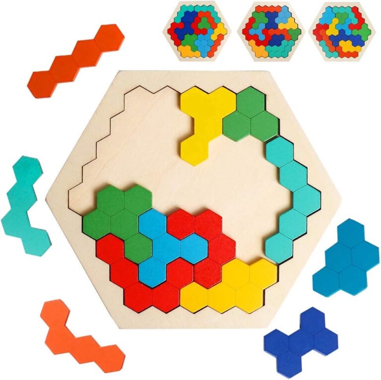 USATDD Wooden Hexagon Puzzle for Kid Adult Brain Teaser Puzzles Challenge Toy Shape Pattern Blocks Tangram Geometry Logic IQ Games STEM Montessori Educational Gift for 4-8 Boys Girls