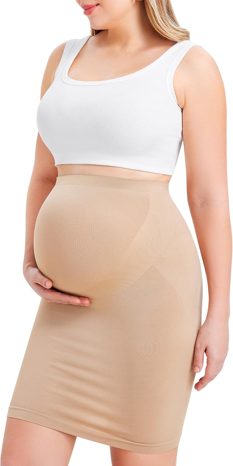 LANCS Seamless Maternity Pencil Skirt High Waisted Slip Skirt Pregnancy Shapewear Dress for Maternity Clothes