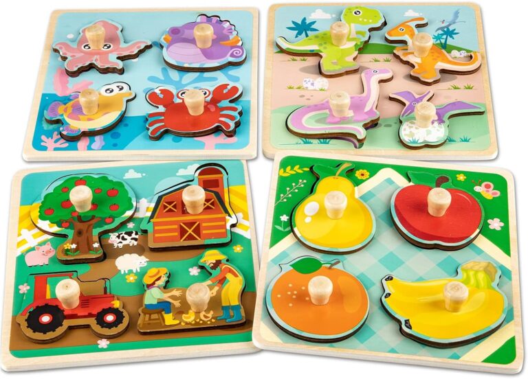 Wooden Toddler Puzzles, Funsland Peg Puzzles Gifts Toys, 4 Pcs Eco Friendly Animal Patterns Jigsaw with Handles, Infant Kid Fine Motor Skill Learning Educational Montessori Puzzles for 1 2 3 Years Old