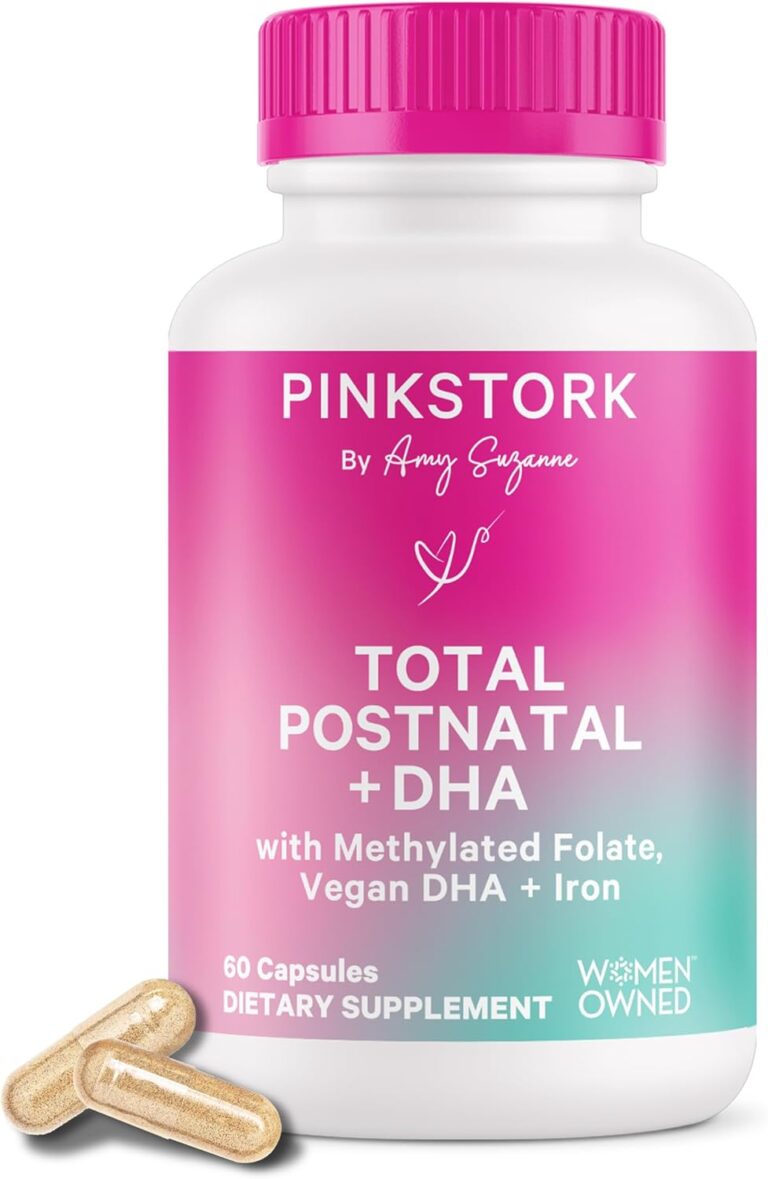 Pink Stork Total Postnatal Vitamins for Women with Vegan DHA, Iron, Folate, and Vitamin B12, Postpartum Recovery Essentials, Daily Supplement for Breastfeeding Moms – 1 Month Supply